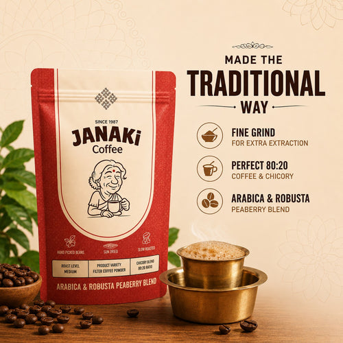 Janaki Filter Coffee Powder | 80:20 Peaberry Blend | Medium Roast
